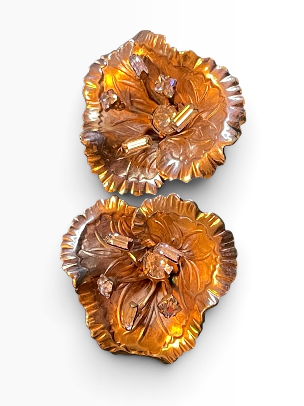 Vintage Textured Mixed Metal Rhinestone Pansy Flower Clip On Earrings